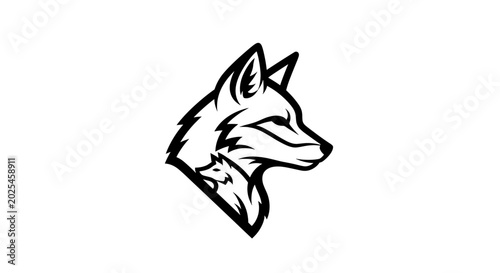 Tableau sur toile A stylized black and white illustration of a fox head in profile, with a smaller fox head nested inside its outline