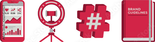 Social media marketing icons including smartphone with analytics, ring light, hashtag and brand guidelines book.