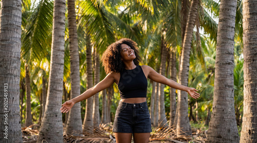 Happy African American Woman Enjoying Nature in Tropical Coconut Palm Grove