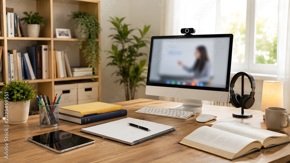Fototapeta premium Modern home office desk with desktop computer webcam headphones books and online learning video conference screen