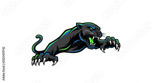 Foto A fierce black panther mascot with glowing green eyes and mouth, pouncing aggressively with extended claws, on a white background