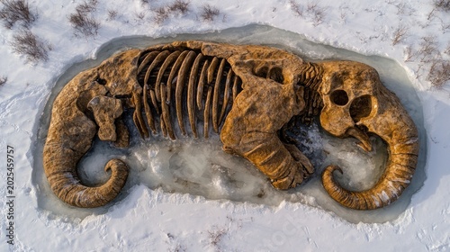 Mammoth skeleton in icy snow