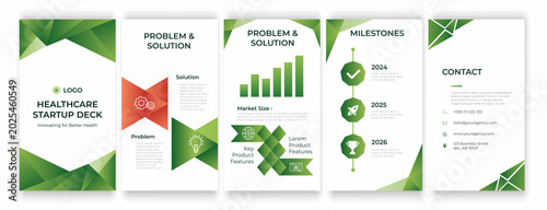Healthcare startup pitch deck corporate presentation template set with eco green low poly polygonal geometric frames, market growth bar chart, and contact.