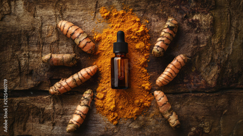 Turmeric Essential Oil Bottle with Fresh Roots and Powder