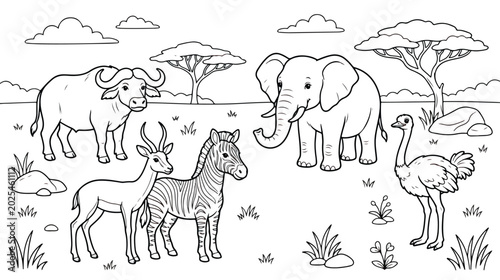 Photography African safari animals coloring page vector, wild savanna landscape with elephan