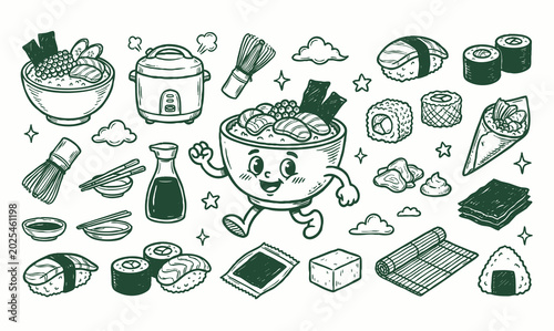 Obraz na płótnie Vintage Japanese Sushi Rice Bowl Mascot and Traditional Japanese Cuisine Doodle