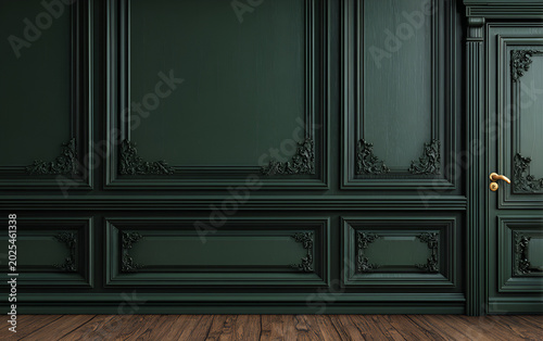 Rich, dark green wall paneling, adorned with intricate, ornate designs, and a matching door, set against a warm, wooden floor