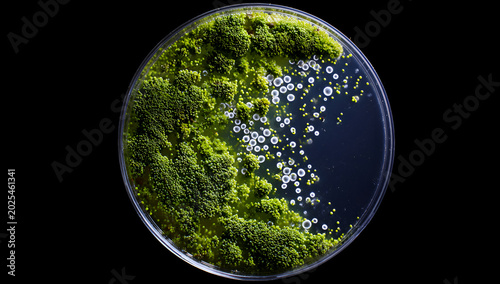 Petri dish showcasing two distinct microorganism colonies. A vibrant green, textured growth contrasts with scattered, pale circular forms. Black background