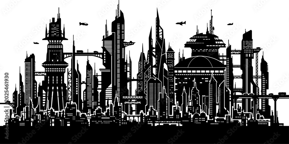 Fototapeta premium Distant view of a futuristic city silhouette with domed buildings and towers
