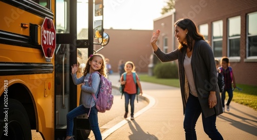 Young girl happily boards school bus with mother waving goodbye.