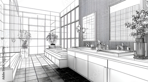 An architectural line drawing showcases a spacious bathroom design with a large window, double sink, bathtub, and plant details