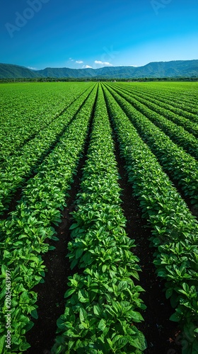 Large Green Vegetable Field Rows Overhead Symmetrical Composition