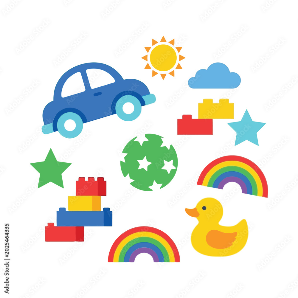 Naklejka premium Kids Playtime Icons, Car, Rainbow, Stars, Building Blocks, Toy Duck, Bright Colorful Style, Vector Icons, Flat Icon Set, Clipart Elements