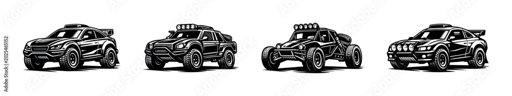 Fototapeta premium Collection of four distinct off-road and rally racing vehicles in black and white