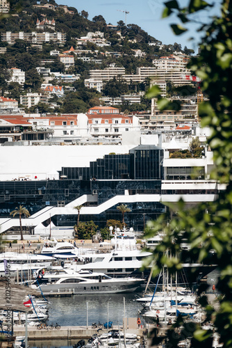 Cannes, France - May 16, 2026: Elevated view of the Palais des Festivals and luxury yachts in Cannes harbor seen from the historic Le Suquet district during the Cannes Film Festival in Cannes, France
