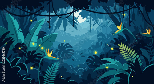 Bild auf Leinwand Mystical Jungle Night: Fireflies & Exotic Flowers
