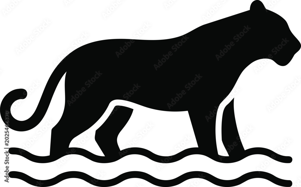 Fototapeta premium Silhouette of a large wild cat standing in water icon.