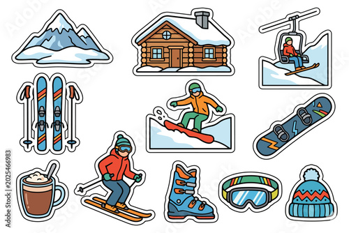 Winter sports stickers: snowboarding, skiing, gear, cabin, mountain.