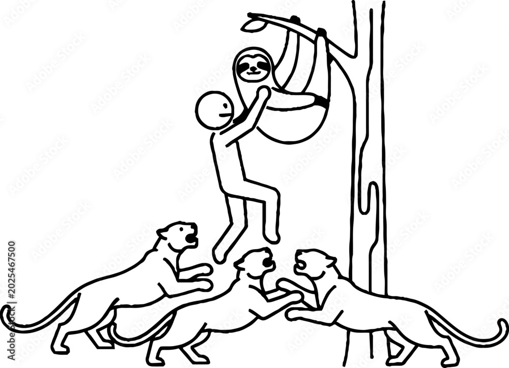 Fototapeta premium Sloth and person hanging from tree branch above panthers