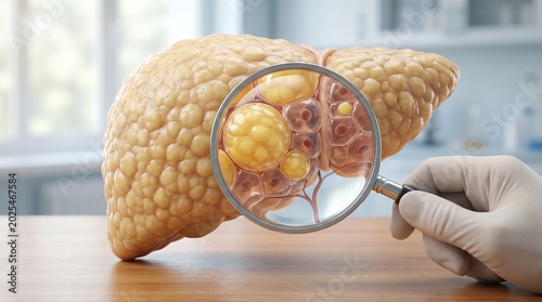 Fatty liver disease examination with magnifying glass and human hand