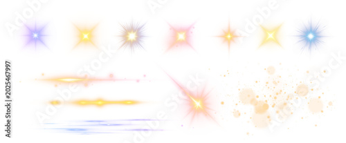 Glowing light effects and sparkle stars isolated on white background