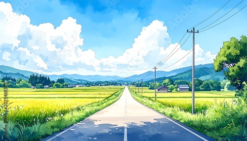 日本の田舎道と青空の水彩余白風景２