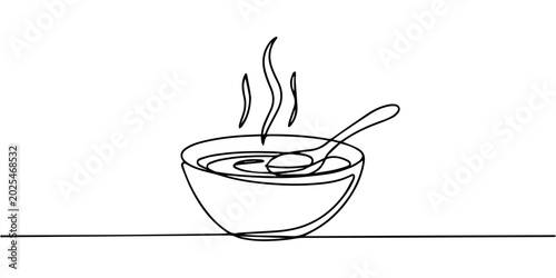 Tableau sur toile steaming bowl of soup  continuous one line drawing, Minimalist line drawing of a steaming soup bowl with spoon