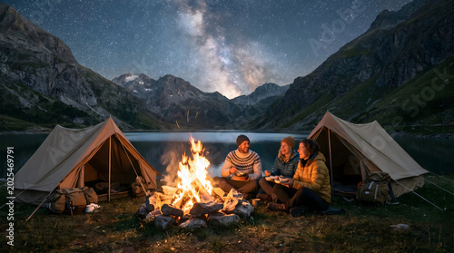 Friends enjoy a tranquil night camping by a serene mountain lake, gathered around a warm campfire under a magnificent starry sky, embracing their outdoor adventure