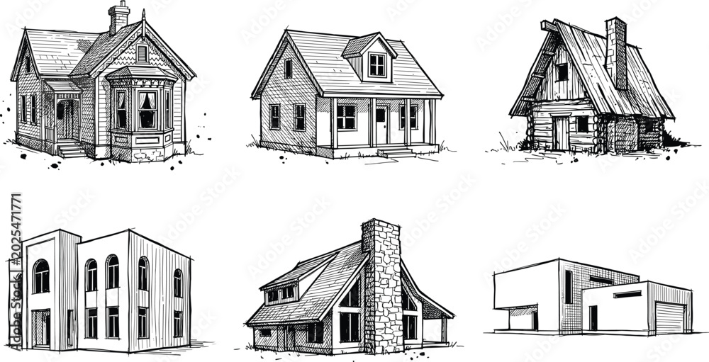 Obraz premium Hand-drawn architectural sketches of various house styles including Victorian, suburban, log cabin, modern, and A-frame cottages