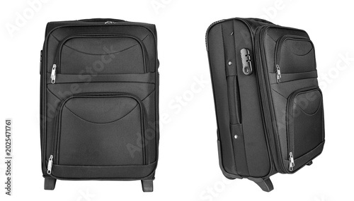 Black fabric travel suitcase shown from two angles isolated on white background