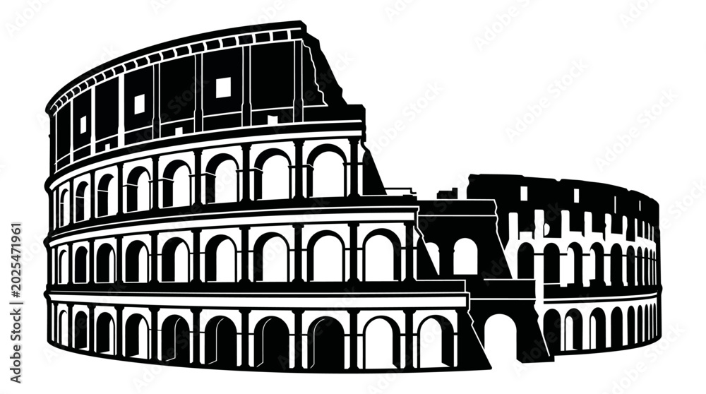 Naklejka premium Colosseum silhouette vector with arches and ruins for Roman amphitheater heritage, ancient architecture, tourism, culture, landmark design, illustration, and education projects