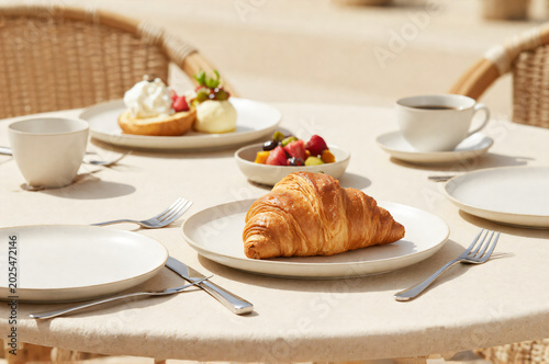 A Table with a Croissant and a Cup of Coffee