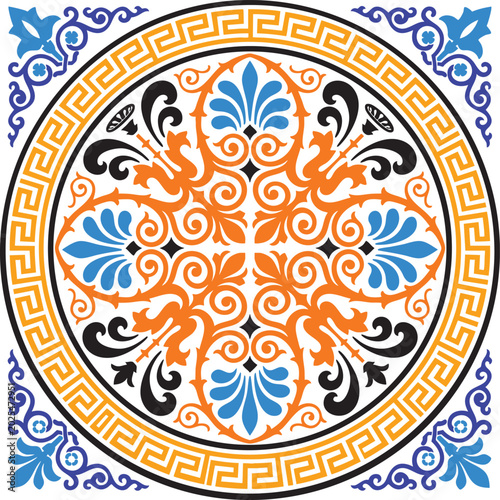 Ornament circular greek meander tile pattern floral design background