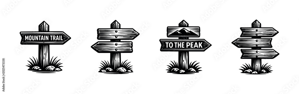 Fototapeta premium Vintage wooden signposts indicating mountain trail and peak destinations