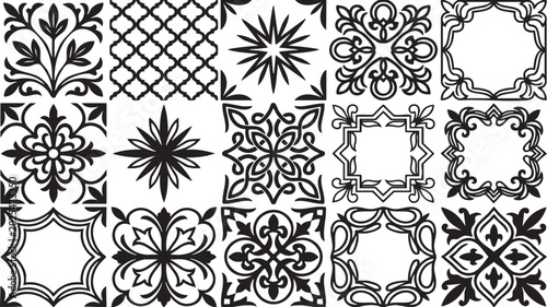 Ornament collection of monochrome vintage tile patterns vector geometric floral backdrop
