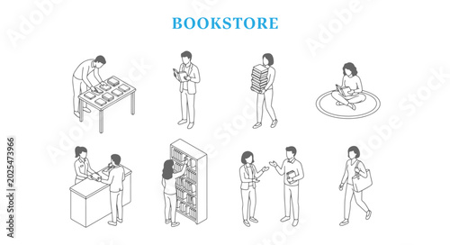 Bookstore People Vector Set Isometric View and Elevation Scale Figures for Architectural Diagrams