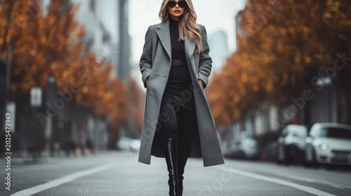 A stylish woman wearing trendy attire and sunglasses confidently walks down a bustling city street adorned with autumn foliage, embodying urban fashion.