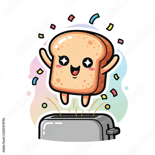 Foto Cartoon toast jumping out toaster happy.