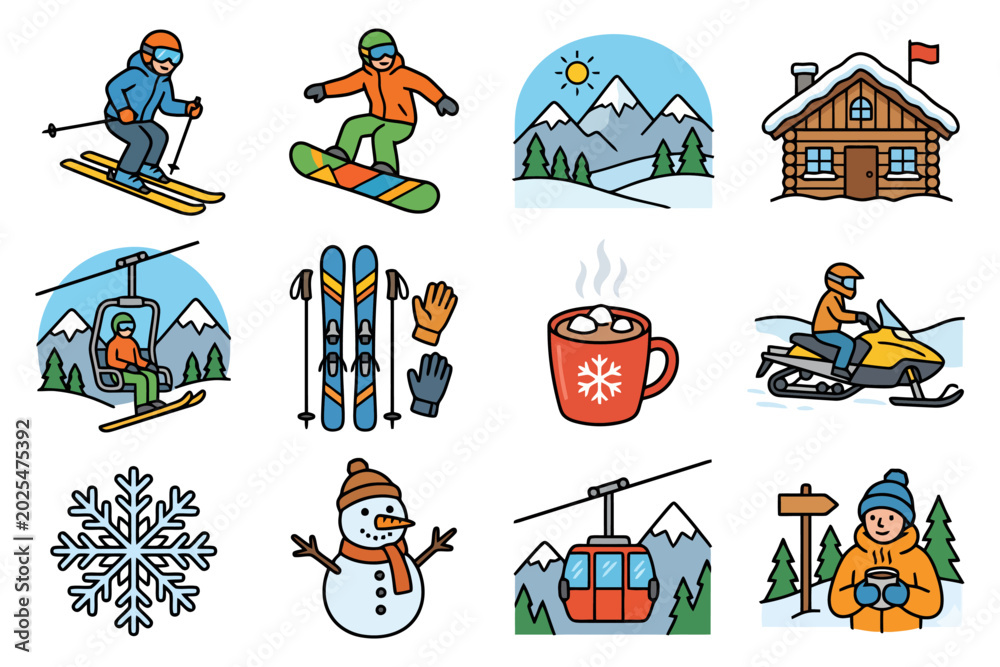 Naklejka premium Winter activities and sports icons: skiing, snowboarding, snowmobiling, snowman.