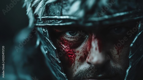 A fierce warrior gazes intensely, adorned in intricate armor. Blood streaks his face, showcasing the grit of battle and the essence of determination and resilience in conflict.