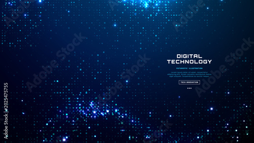 Obraz na płótnie Futuristic abstract technology texture with blue glowing pixel dots and digital grid pattern on dark navy background