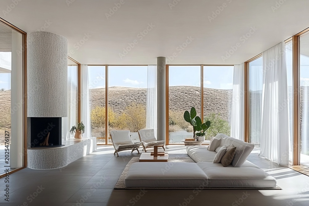 Fototapeta premium Bright and Airy Contemporary Living Room with Minimalist Design and Beautiful Nature Views Inside