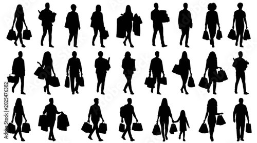 Obraz na płótnie Silhouettes of people walking outdoors in a line isolated on transparent backgro