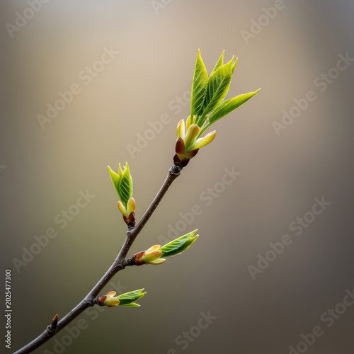 A delicate, small woody branch, a little bough emerging in spring, showing new growth and tiny, fresh green leaves against a soft background ,leaf ,botany ,nature