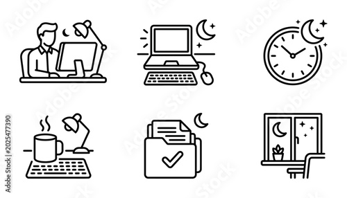 Schilderij op canvas Minimalist Night Work Line Icon Set for Productivity Apps