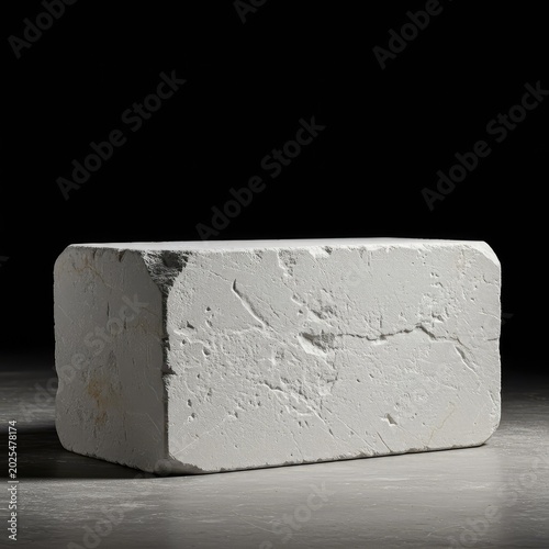 A heavy, rectangular block of raw, white marble stone, uncarved and textured, ready to be shaped into art or architectural material ,raw ,workshop ,template
