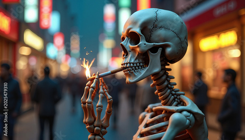 Skeleton lighting cigarette on bustling street corner, urban nightlife