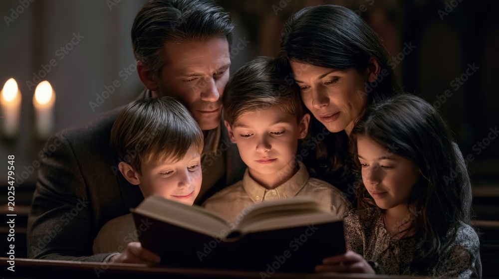 Fototapeta premium Loving family reading storybook together in warm cozy room at night