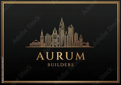 Golden outline city skyline icon for aurum builders construction company logo