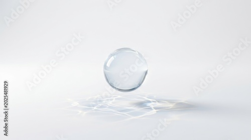 Clear transparent sphere floating above a white surface with light caustics, minimalist abstract background
